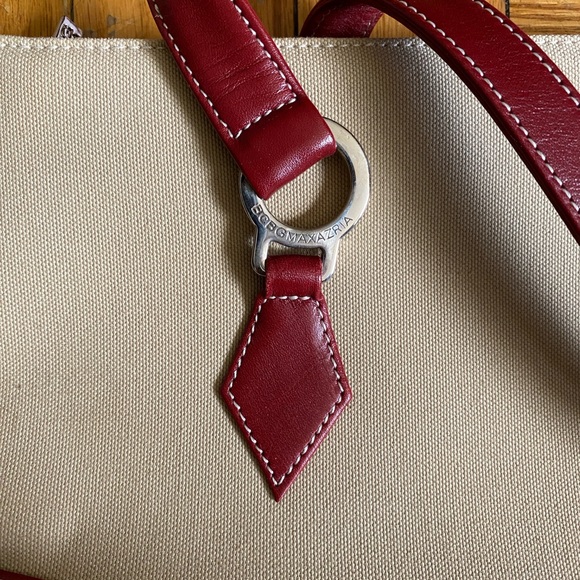 BCBG Max Azria Tan Canvas Red Leather Vintage Shoulder Bag - Picture 5 of 13